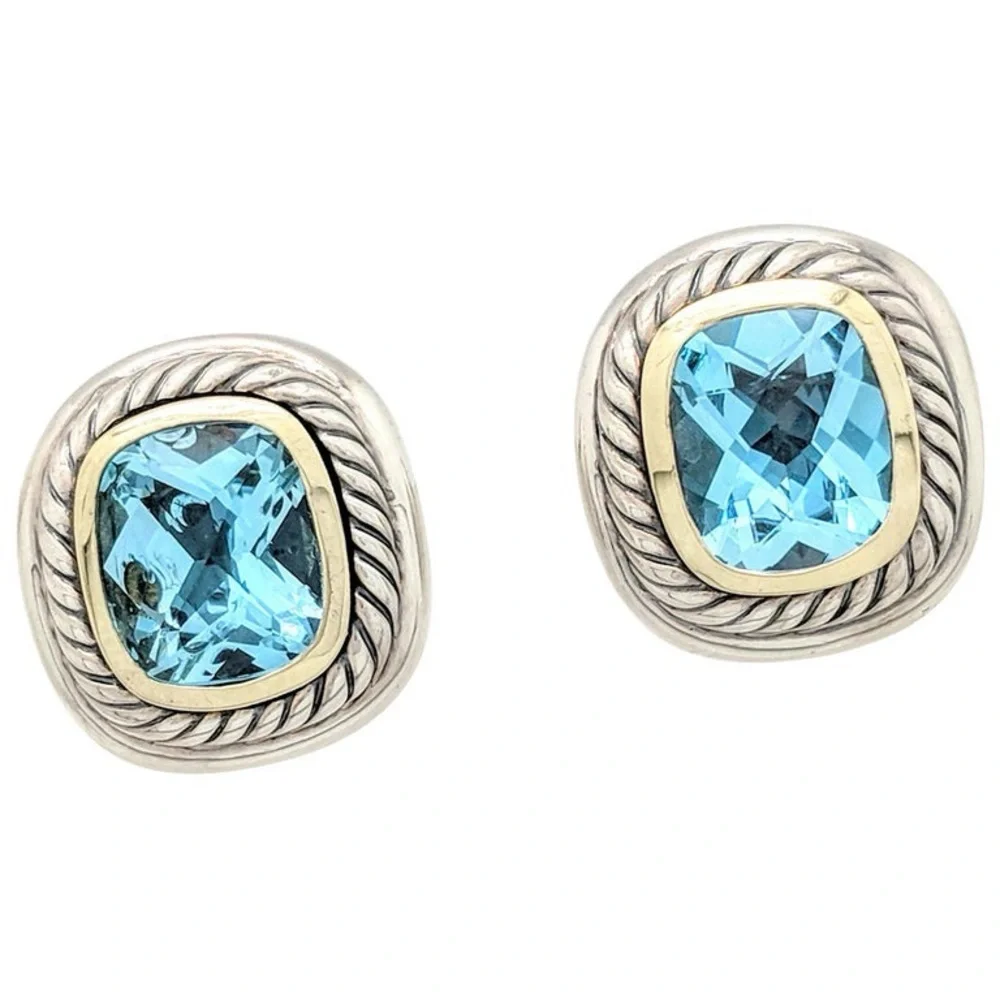David Yurman Sterling Silver 925 14k Gold Blue Topaz Albion Earrings - Picture 6 of 7